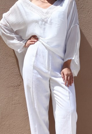 WHITE PURE LINEN HIGH WAIST STRAIGHT LEG TAPERED TROUSERS