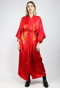Vintage 90s Embroidery Dragon Silky Kimono Red Maxi 