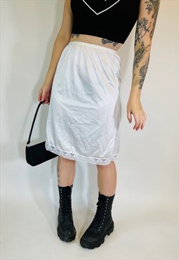 Vintage 90s 00s Y2K Gorgeous Satin White Lace Slip Skirt