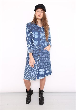 VINTAGE 90S BLUE PRINT DENIM SHIRT DRESS