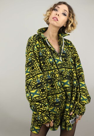 VINTAGE 90S OVERSIZED 1/4 ZIP PATTERNED FLEECE