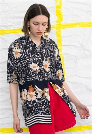 BLUE POLKA DOT FLORAL DAISIES BLOUSE