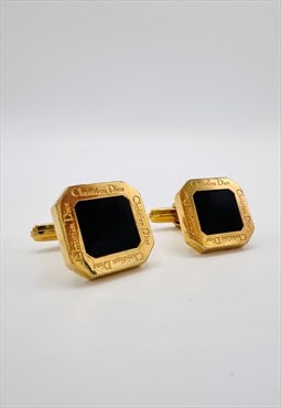 Christian Dior Cufflinks Authentic Gold Black Logo Square 