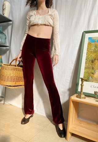 VINTAGE Y2K 90S MAROON VELVET FLARED TROUSERS LYCRA PANTS