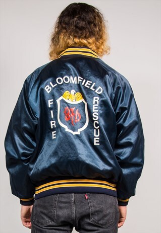 90'S VINTAGE BLUE SHINY BOMBER STYLE BASEBALL JACKET
