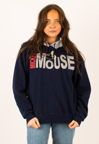 VINTAGE 90S MICKEY MOUSE INC NAVY HOODIE PULLOVER SMALL