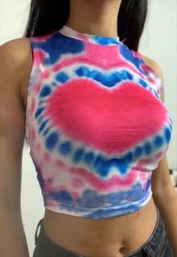 Jayde Cropped Tank Top In Tie Dye Pink And Blue With Heart
