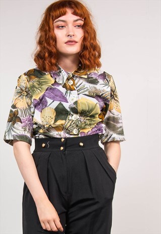 VINTAGE 90'S FLOWER FLORAL PATTERN SHORT SLEEVE SHIRT