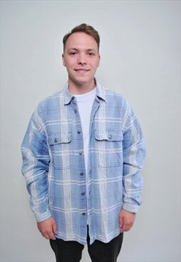 Blue flannel shirt, 90s plaid pattern button down shirt