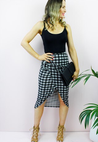 PLAID WRAP AROUND FRONT TIE HIGH WAIST BODYCON MIDI SKIRT