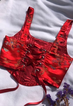 Handmade Chinese dragon Red reversible corset