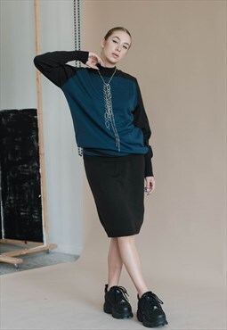 Vintage 80s Formal Long Sleeve High Neck Women Skirt Suit L