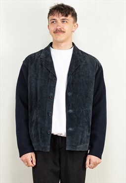 Vintage 90's Men Suede Wool Blend Jacket in Blue