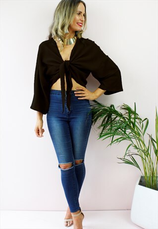 BLACK PLUNGE FRONT TIE PEASANT BOHO BLOUSE TOP