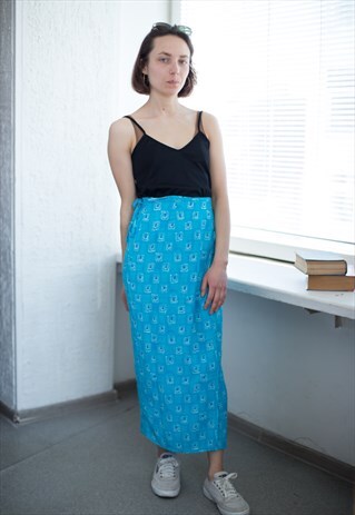 VINTAGE 80'S PATTERNED WRAP SKIRT IN BLUE