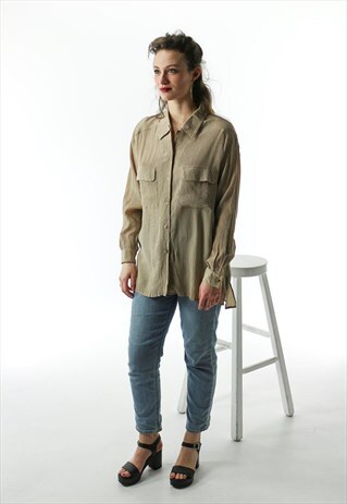 BEIGE SILK BLOUSE / LONG SLEEVE WRINKLED BLOUSE