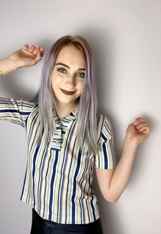 VINTAGE 90S WHITE BLUE STRIPED BEIGE SHIRT