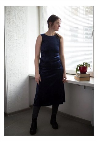 VINTAGE 80'S BLUE VELVET MIDI SLEEVELESS DRESS