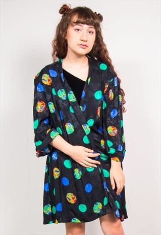 VINTAGE 90'S BLACK POLKA DOT PATTERN KIMONO SHIRT JACKET