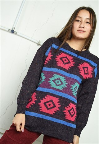 VINTAGE 80'S RETRO BOHO ABSTRACT PATTERN OVERSIZED JUMPER