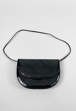 70's Vintage Ladies Patent Leather Black Handbag Bag