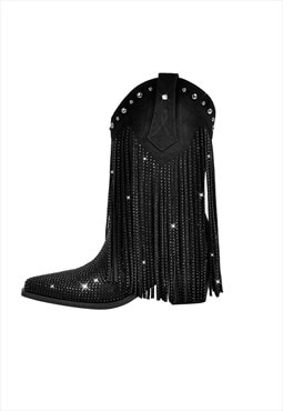 Rhinestone Pointed Toe Fringe Mid-Calf Western Boots