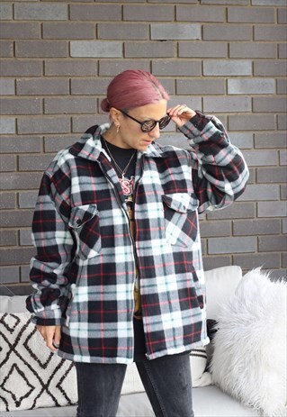 VINTAGE 1990S TARTAN PADDED OVERSIZED QUARTER ZIP FLEECE
