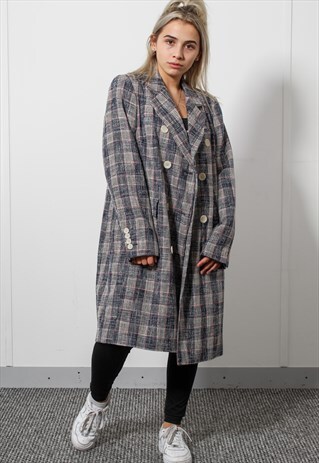 VINTAGE CHECK TRENCH COAT JACKET IN UK 14 GREY