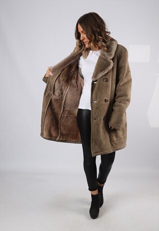 SHEEPSKIN SUEDE LEATHER SHEARLING COAT UK 14 - 16 (HJ2D)