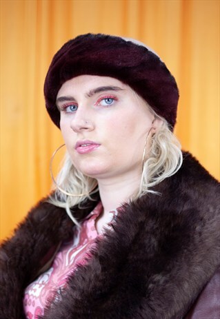 VINTAGE 90S FAUX FUR HEADBAND BURGUNDY RED STRETCHY