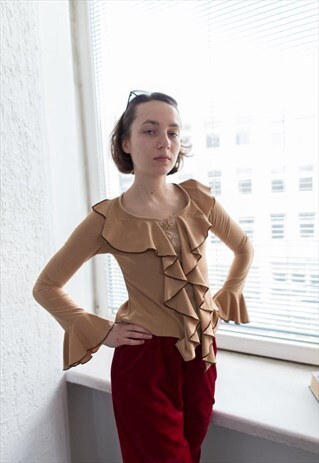 VINTAGE 90'S BROWN FRILL DETAILS BLOUSE