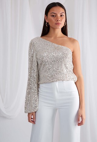 LUCIAN SEQUIN ONE SHOULDER BLOUSE - SILVER