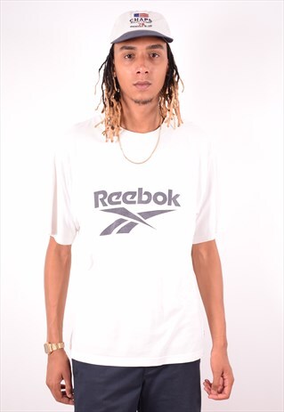REEBOK MENS VINTAGE T-SHIRT TOP LARGE WHITE 90S