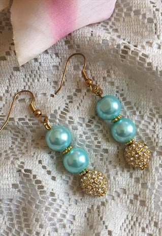 KIMIKO SWAROVSKI CRYSTAL SKY BLUE GOLD PEARL DROP EARRINGS
