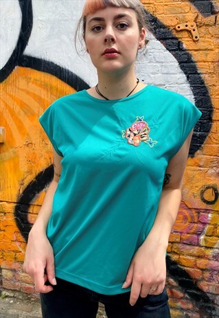 VINTAGE 80S T-SHIRT IN TURQUOISE WITH FLOWER EMBROIDERY