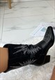 BLACK EMBROIDERED COWBOY BOOTS MID-CALF