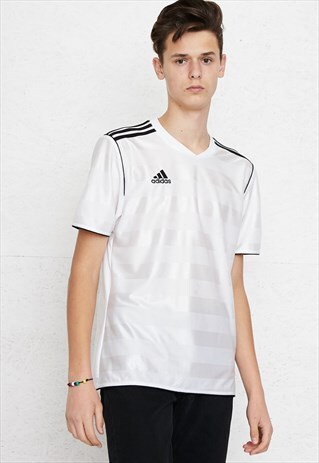 90S VINTAGE WHITE ADIDAS LOGO V-NECK T-SHIRT