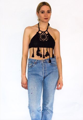 BEADED BLACK CROCHET FESTIVAL BOHO BRALET CROP TOP