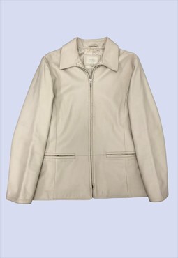 90s Cream Butter Soft Leather Collared Zip Biker Jacket