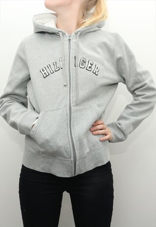 TOMMY HILFIGER - GREY EMBROIDERED ZIP UP HOODIE - LARGE
