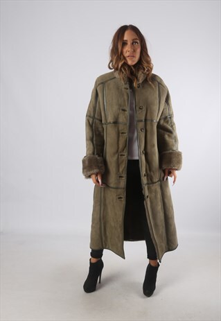 VINTAGE SHEEPSKIN SUEDE SHEARLING COAT LONG UK L 14 (K93W)