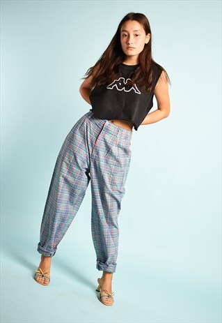 VINTAGE 90'S RETRO TARTAN CHECKED HIGH WAIST TROUSERS