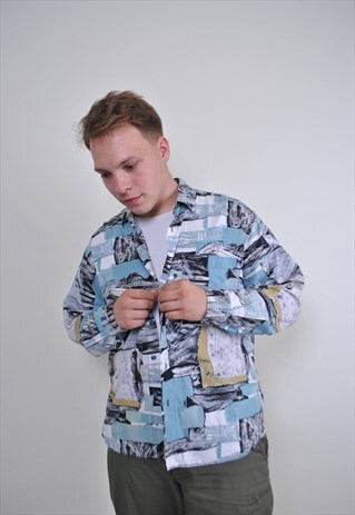 ABSTRACT PATTERN 70S RAVE MODERNIST SHIRT, SIZE L