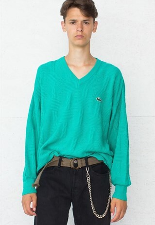 VINTAGE GREEN LACOSTE KNIT V-NECK JUMPER