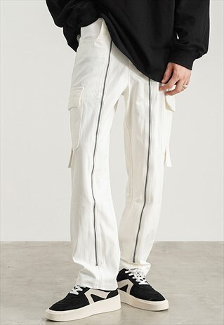 WHITE ZIP DETAIL CARGO PANTS TROUSERS