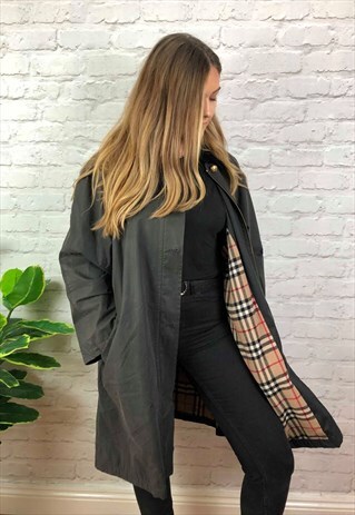 VINTAGE 90S BURBERRY KNEE LENGTH TRENCH COAT GREY UK 10