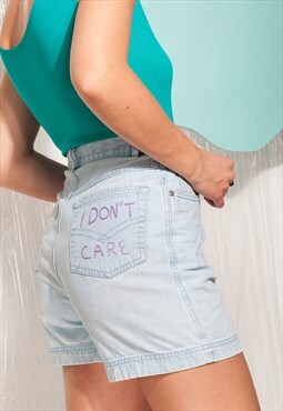 Reworked denim shorts 90s vintage Don't Care statement jeans