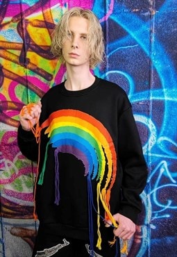 Rainbow sweatshirt Y2K reworked thread patch top in black