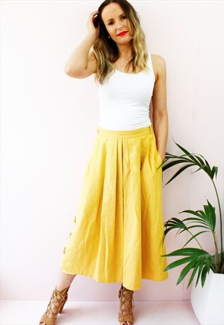 VINTAGE 80'S YELLOW BUTTON DETAIN SWING A LINE MAXI SKIRT