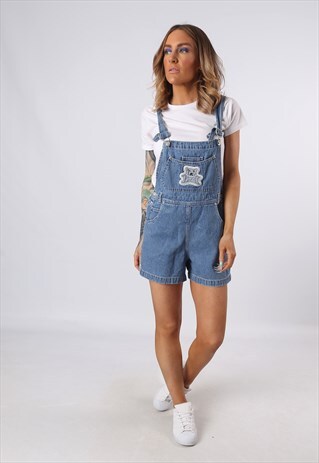 DENIM DUNGAREES SHORTS TEDDY LOGO UK 10 (F42L)